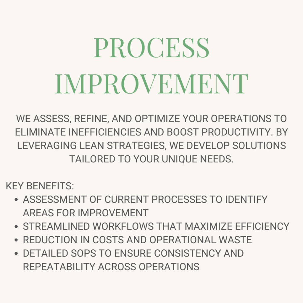 We assess, refine, and optimize your operations to eliminate inefficiencies and boost productivity. By leveraging Lean strategies, we develop solutions tailored to your unique needs.