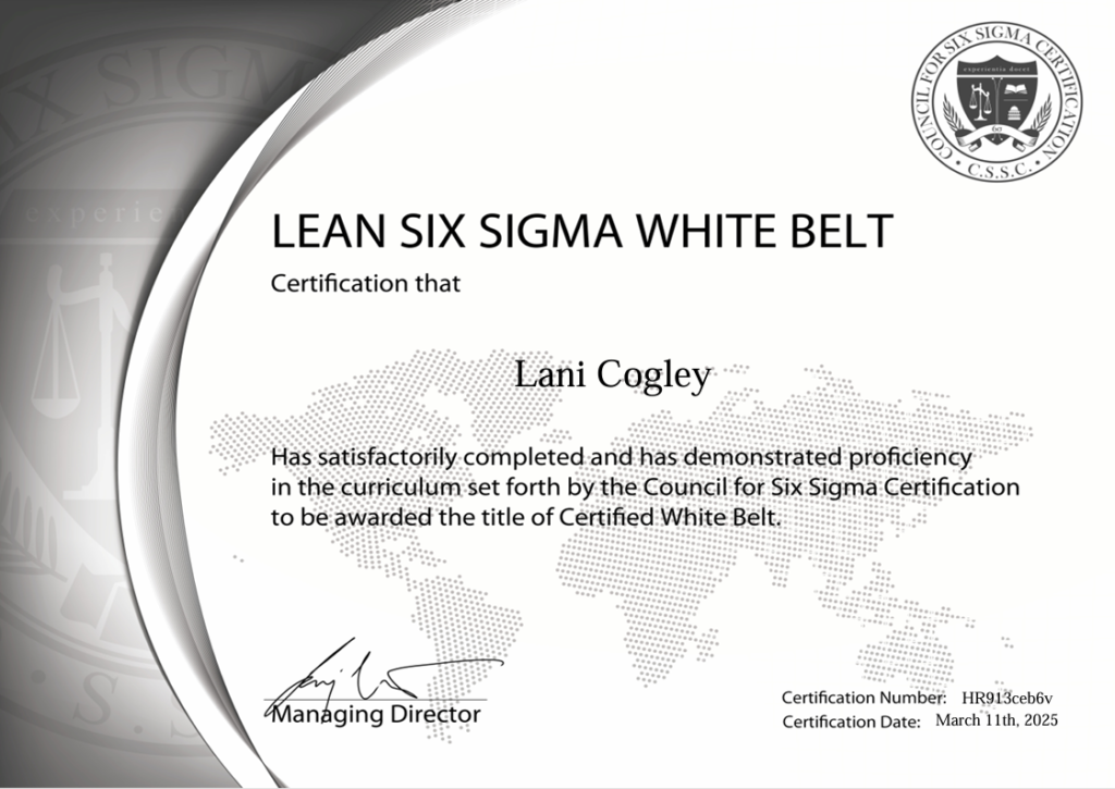White Belt Lean Six Sigma certification, indicating introductory understanding of process improvement principles and tools.