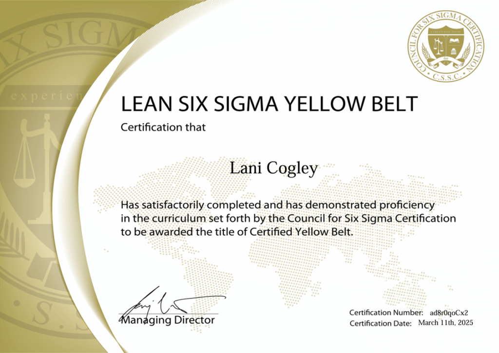 Yellow Belt Lean Six Sigma certification, representing foundational knowledge in process improvement and quality management.